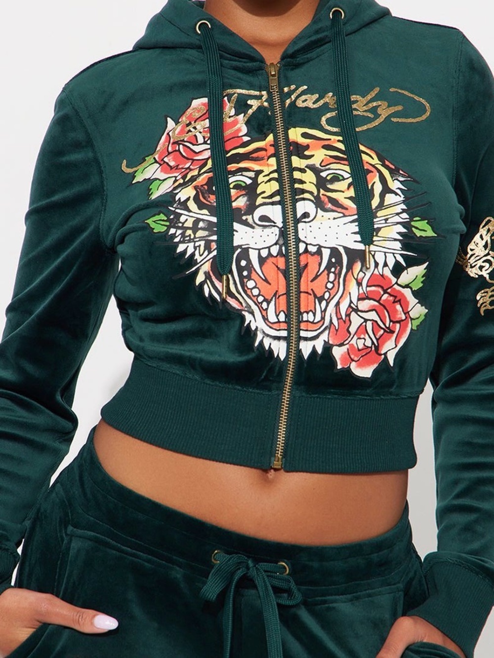 Ed Hardy Dark Green Velvet Hoodie with Multicolor Tiger Graphic